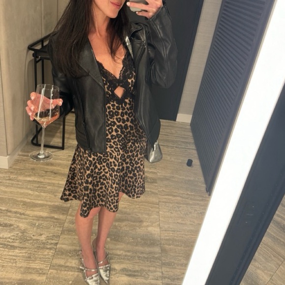 NWT- Reformation Belva Silk Dress in Leo Brown Leopard Black Lace Mini Dress - Picture 3 of 11